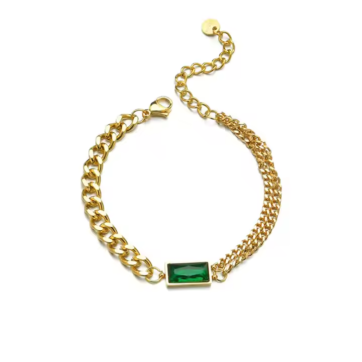 Gold Plated Stainless Steel Chunky Chain Bracelet with Emerald Green CZ – Multi Layered Bold Statement Jewelry