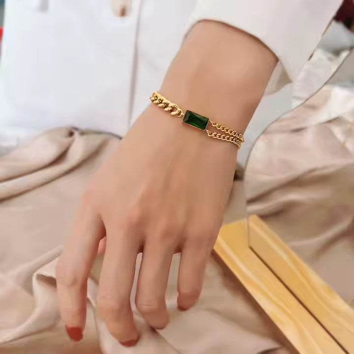 Gold Plated Stainless Steel Chunky Chain Bracelet with Emerald Green CZ – Multi Layered Bold Statement Jewelry