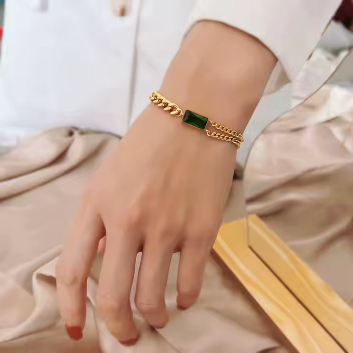 Gold Plated Stainless Steel Chunky Chain Bracelet with Emerald Green CZ – Multi Layered Bold Statement Jewelry