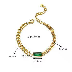 Gold Plated Stainless Steel Chunky Chain Bracelet with Emerald Green CZ – Multi Layered Bold Statement Jewelry