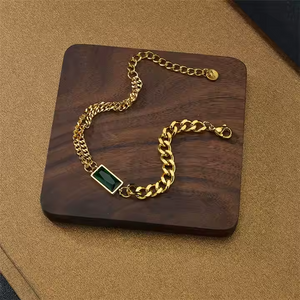 Gold Plated Stainless Steel Chunky Chain Bracelet with Emerald Green CZ – Multi Layered Bold Statement Jewelry