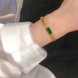 Gold Plated Stainless Steel Chunky Chain Bracelet with Emerald Green CZ – Multi Layered Bold Statement Jewelry