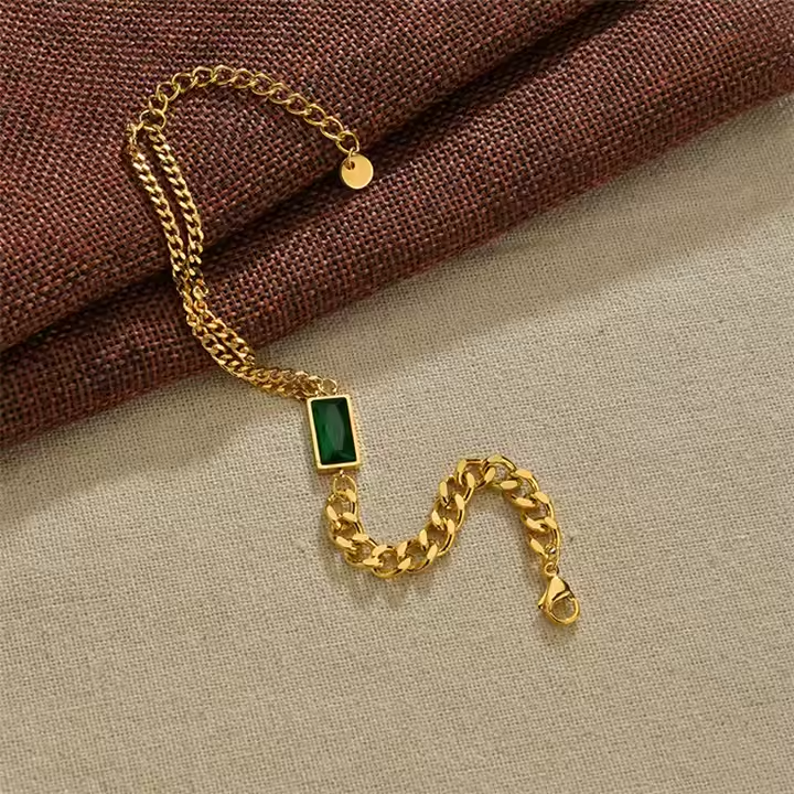 Gold Plated Stainless Steel Chunky Chain Bracelet with Emerald Green CZ – Multi Layered Bold Statement Jewelry