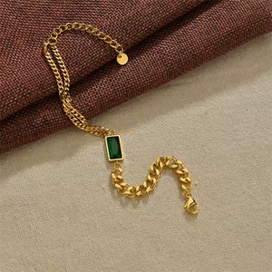 Gold Plated Stainless Steel Chunky Chain Bracelet with Emerald Green CZ – Multi Layered Bold Statement Jewelry