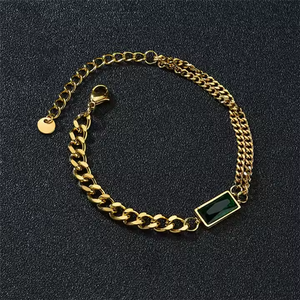 Gold Plated Stainless Steel Chunky Chain Bracelet with Emerald Green CZ – Multi Layered Bold Statement Jewelry