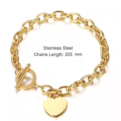 18K Gold Plated Stainless Steel Heart Charms Bracelet with OT Clasp – Dainty Romantic Link Chain Jewelry