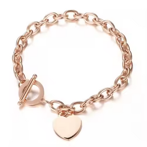 18K Gold Plated Stainless Steel Heart Charms Bracelet with OT Clasp – Dainty Romantic Link Chain Jewelry