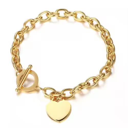 18K Gold Plated Stainless Steel Heart Charms Bracelet with OT Clasp – Dainty Romantic Link Chain Jewelry
