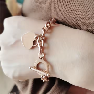 18K Gold Plated Stainless Steel Heart Charms Bracelet with OT Clasp – Dainty Romantic Link Chain Jewelry