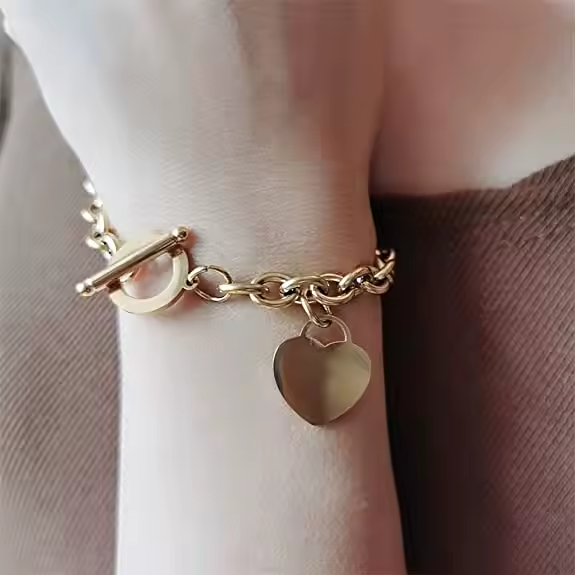18K Gold Plated Stainless Steel Heart Charms Bracelet with OT Clasp – Dainty Romantic Link Chain Jewelry