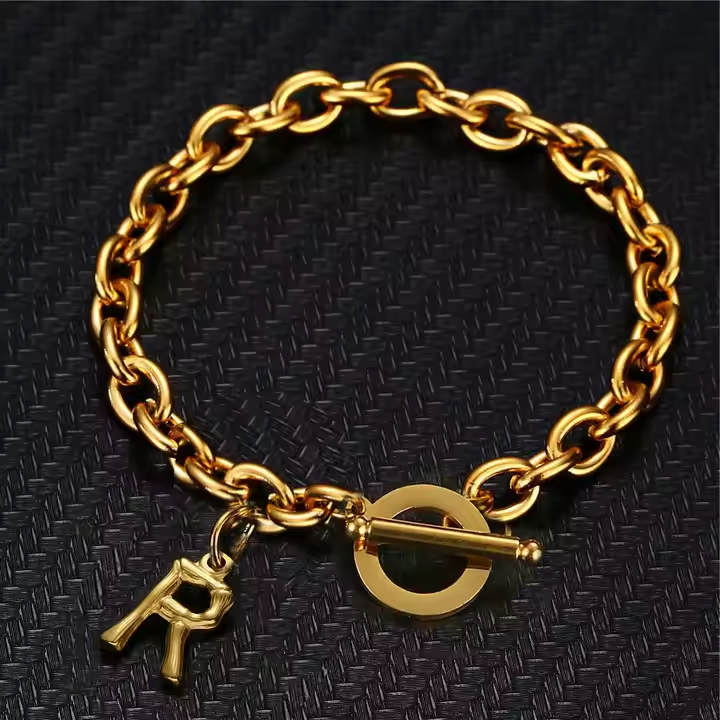 Stainless Steel Initial Letter Charm Bracelet with OT Clasp – Gold & Silver Alphabet A-Z Personalized Jewelry