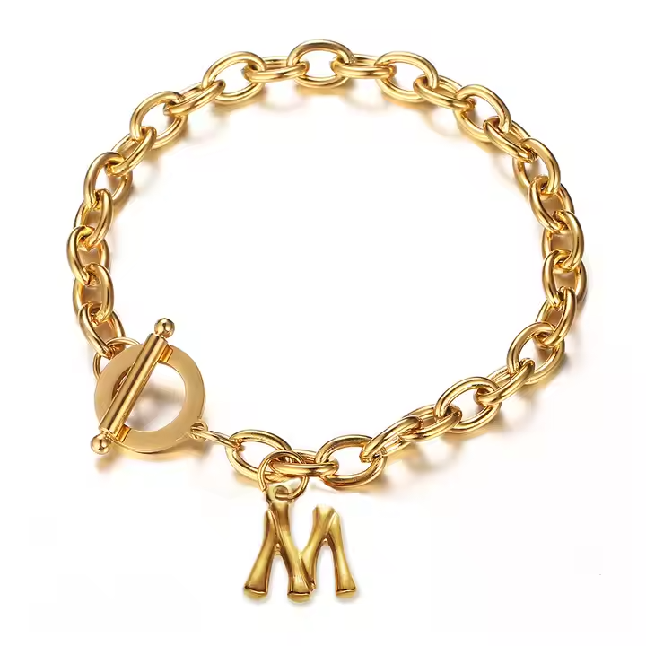 Stainless Steel Initial Letter Charm Bracelet with OT Clasp – Gold & Silver Alphabet A-Z Personalized Jewelry