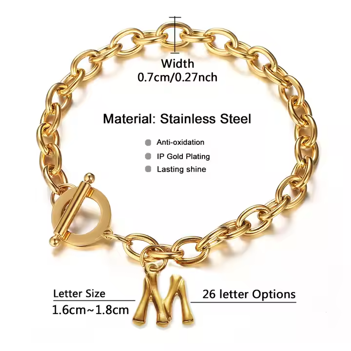 Stainless Steel Initial Letter Charm Bracelet with OT Clasp – Gold & Silver Alphabet A-Z Personalized Jewelry