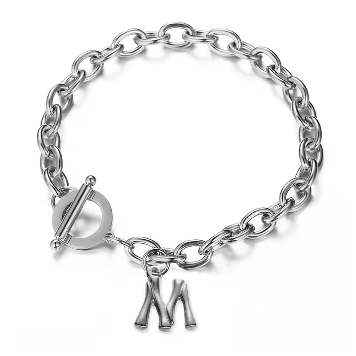 Stainless Steel Initial Letter Charm Bracelet with OT Clasp – Gold & Silver Alphabet A-Z Personalized Jewelry