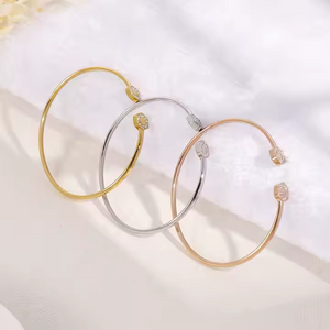 Minimalist Geometric Open-End Bangle Bracelet – Adjustable Gold Plated Stainless Steel Bracelet Accented with Sparkling Cubic Zirconia