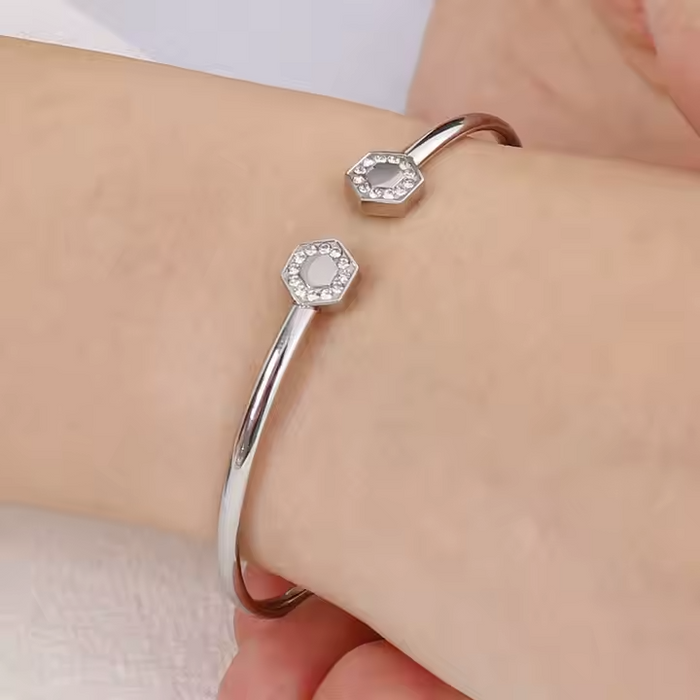 Minimalist Geometric Open-End Bangle Bracelet – Adjustable Gold Plated Stainless Steel Bracelet Accented with Sparkling Cubic Zirconia