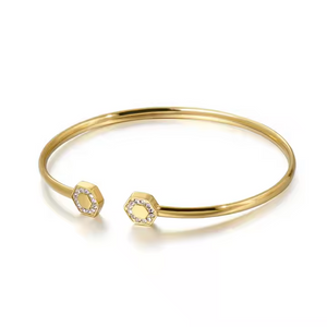 Minimalist Geometric Open-End Bangle Bracelet – Adjustable Gold Plated Stainless Steel Bracelet Accented with Sparkling Cubic Zirconia