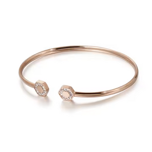 Minimalist Geometric Open-End Bangle Bracelet – Adjustable Gold Plated Stainless Steel Bracelet Accented with Sparkling Cubic Zirconia