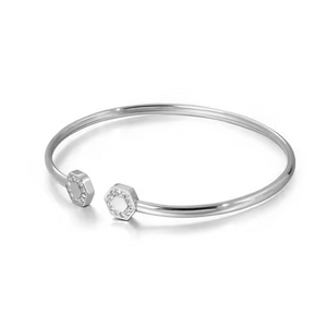 Minimalist Geometric Open-End Bangle Bracelet – Adjustable Gold Plated Stainless Steel Bracelet Accented with Sparkling Cubic Zirconia