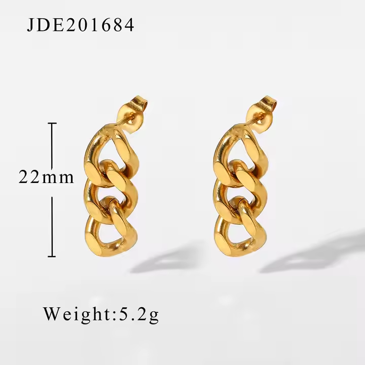 18K Gold Plated Curb Cuban Link Chain Drop Earrings – Thick Stainless Steel Statement Studs for Bold Street Style