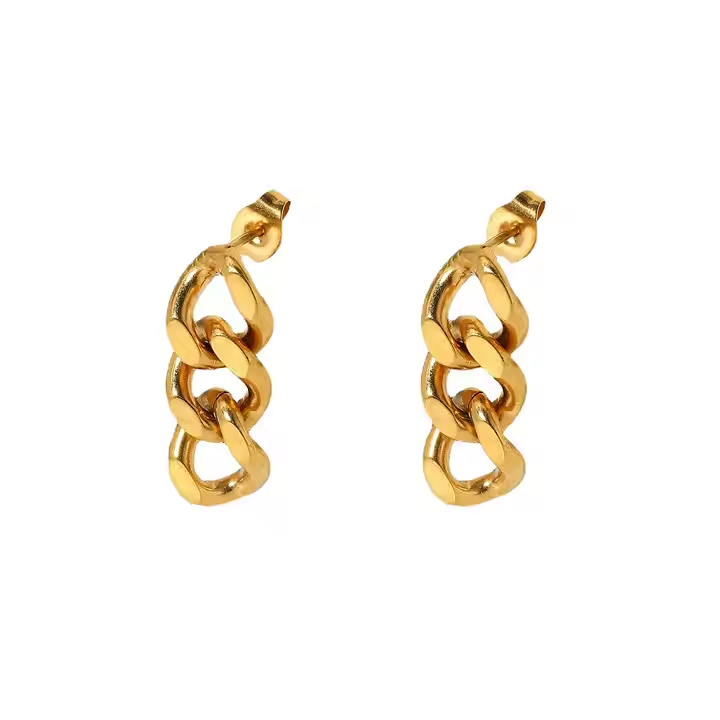 18K Gold Plated Curb Cuban Link Chain Drop Earrings – Thick Stainless Steel Statement Studs for Bold Street Style