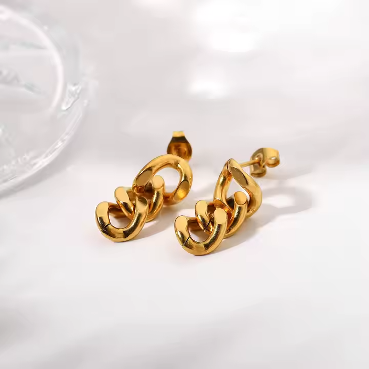 18K Gold Plated Curb Cuban Link Chain Drop Earrings – Thick Stainless Steel Statement Studs for Bold Street Style