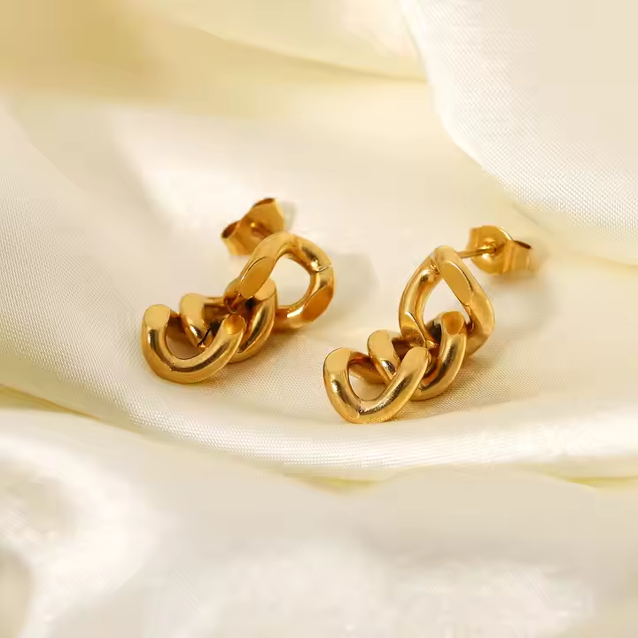 18K Gold Plated Curb Cuban Link Chain Drop Earrings – Thick Stainless Steel Statement Studs for Bold Street Style