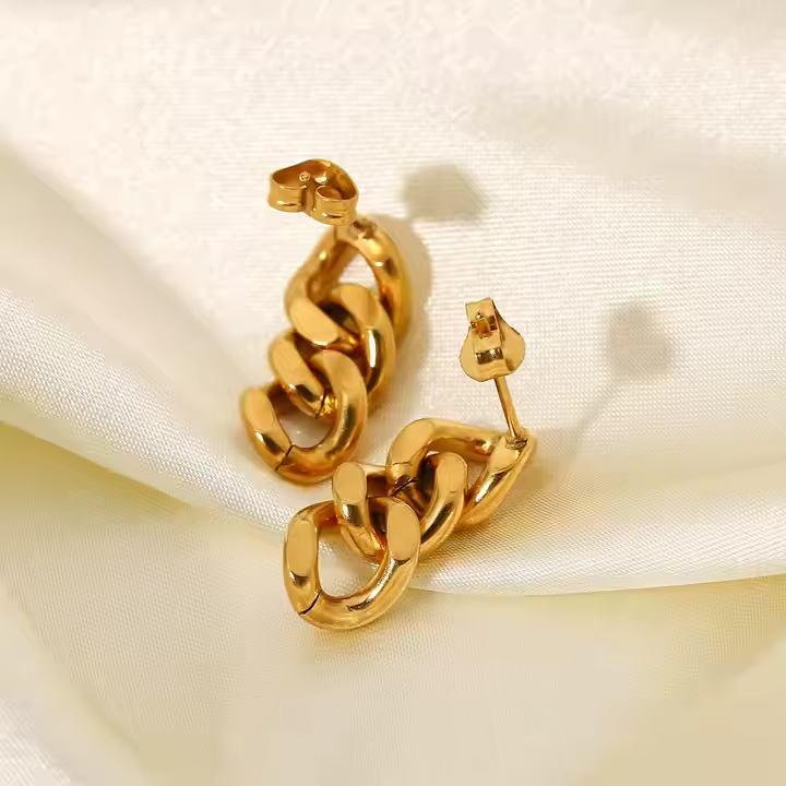 18K Gold Plated Curb Cuban Link Chain Drop Earrings – Thick Stainless Steel Statement Studs for Bold Street Style