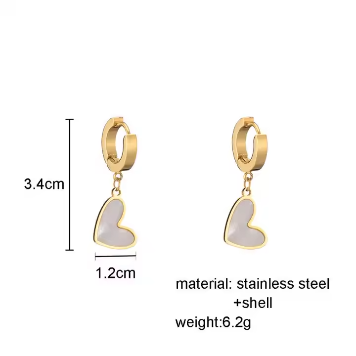 Heart Mother of Pearl Drop Hoop Earrings – 18K Gold Plated Stainless Steel Dainty Romantic Jewelry for Women