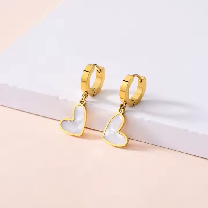 Heart Mother of Pearl Drop Hoop Earrings – 18K Gold Plated Stainless Steel Dainty Romantic Jewelry for Women
