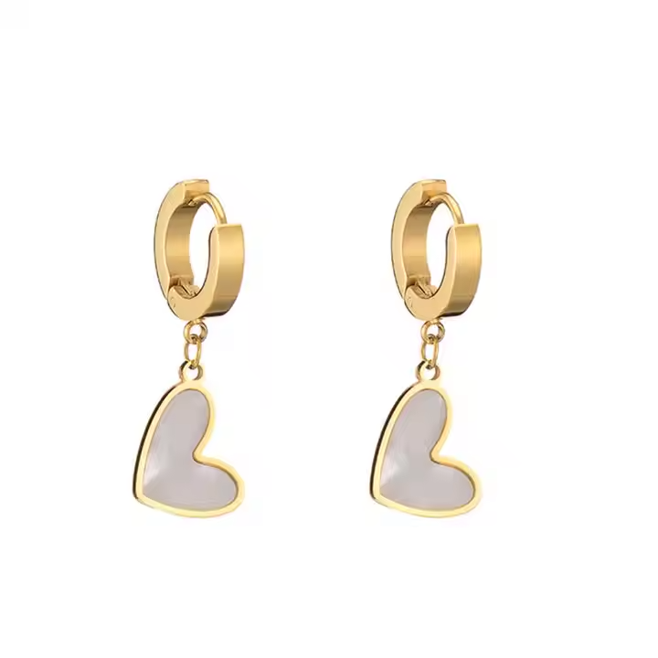 Heart Mother of Pearl Drop Hoop Earrings – 18K Gold Plated Stainless Steel Dainty Romantic Jewelry for Women