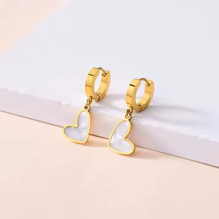 Heart Mother of Pearl Drop Hoop Earrings – 18K Gold Plated Stainless Steel Dainty Romantic Jewelry for Women