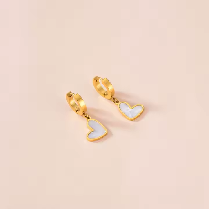 Heart Mother of Pearl Drop Hoop Earrings – 18K Gold Plated Stainless Steel Dainty Romantic Jewelry for Women