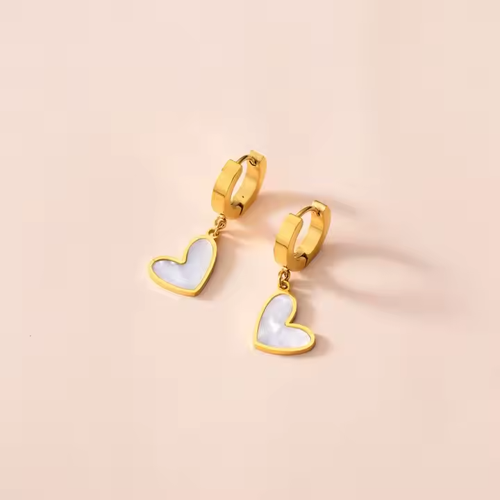 Heart Mother of Pearl Drop Hoop Earrings – 18K Gold Plated Stainless Steel Dainty Romantic Jewelry for Women