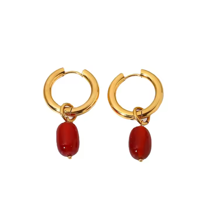 Natural Red Agate Beaded Drop Hoop Earrings – Gold Plated Stainless Steel Statement Dangle Earrings for Women