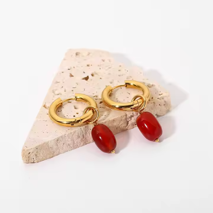 Natural Red Agate Beaded Drop Hoop Earrings – Gold Plated Stainless Steel Statement Dangle Earrings for Women