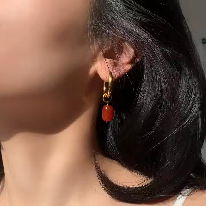 Natural Red Agate Beaded Drop Hoop Earrings – Gold Plated Stainless Steel Statement Dangle Earrings for Women