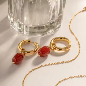 Natural Red Agate Beaded Drop Hoop Earrings – Gold Plated Stainless Steel Statement Dangle Earrings for Women