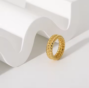 Double Row Twisted Wheat Band Ring – 18K Gold Plated Stainless Steel Braided Statement Ring for Women