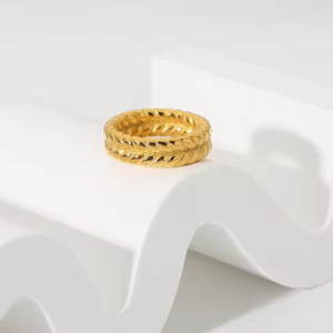 Double Row Twisted Wheat Band Ring – 18K Gold Plated Stainless Steel Braided Statement Ring for Women