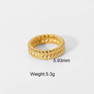 Double Row Twisted Wheat Band Ring – 18K Gold Plated Stainless Steel Braided Statement Ring for Women