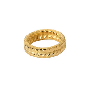 Double Row Twisted Wheat Band Ring – 18K Gold Plated Stainless Steel Braided Statement Ring for Women
