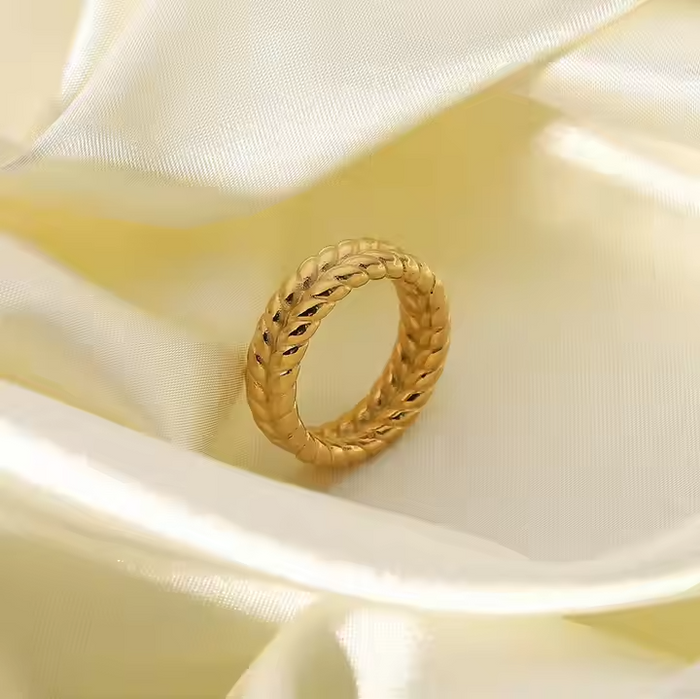 Double Row Twisted Wheat Band Ring – 18K Gold Plated Stainless Steel Braided Statement Ring for Women