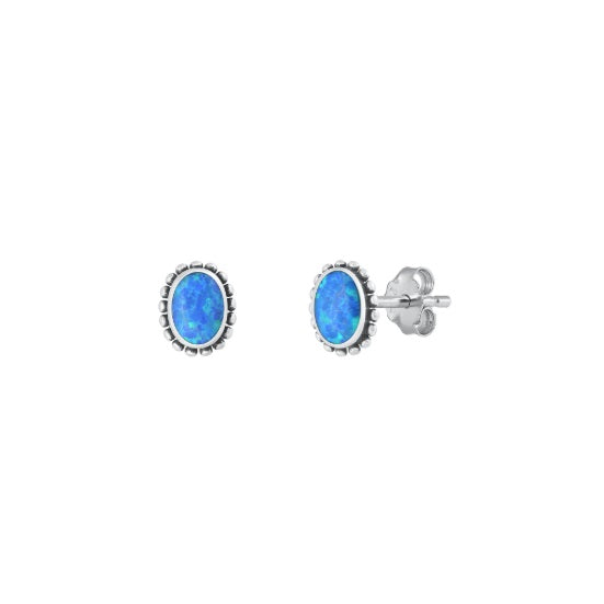 Blue Oval Lab Opal Stud Earrings in Oxidized Sterling Silver – Elegant Boho Jewelry for Everyday Style