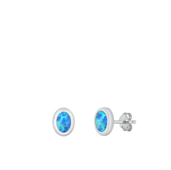 Blue Oval Opal Stud Earrings – 925 Sterling Silver Small Earrings for Women, Minimalist Birthstone Jewelry