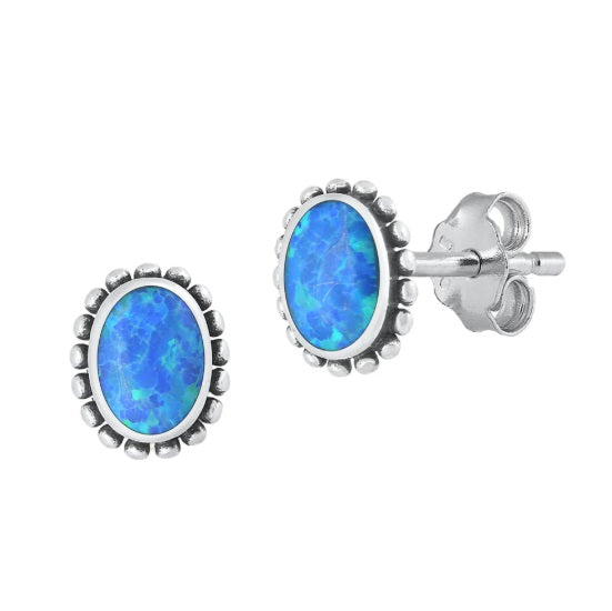 Blue Oval Lab Opal Stud Earrings in Oxidized Sterling Silver – Elegant Boho Jewelry for Everyday Style