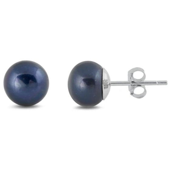 Dark Blue 8mm Freshwater Pearl Sterling Silver Stud Earrings for a Bold and Elegant Everyday Look