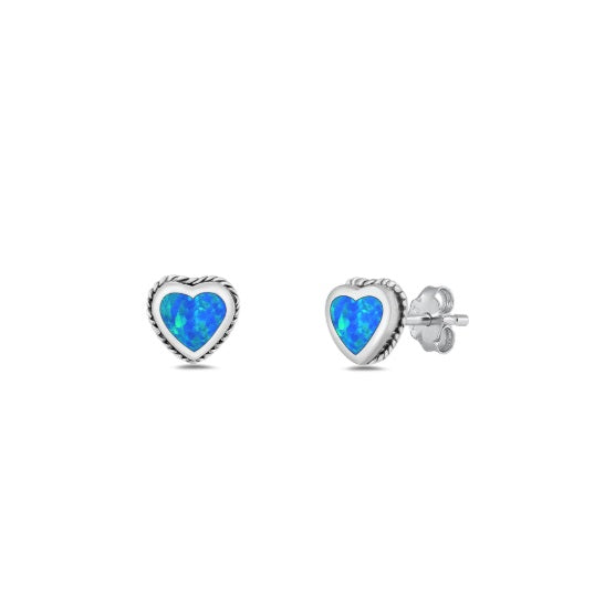 Blue Heart Opal Oxidized Sterling Silver Stud Earrings – Twisted Bezel Romantic Boho Jewelry for Women