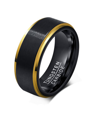 Men's Black & Gold Tungsten Carbide Ring – 8mm Brushed Center Band with Polished IP Edges – Comfort Fit