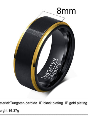 Men's Black & Gold Tungsten Carbide Ring – 8mm Brushed Center Band with Polished IP Edges – Comfort Fit